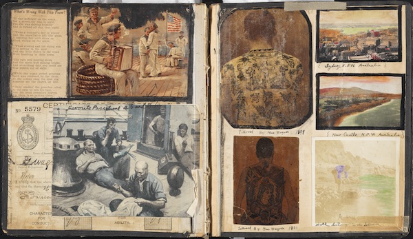 Pages from “Souvenirs of the Travels and Experiences of the Original Gus Wagner, Globe Trotter & Tattoo Artist” scrapbook, ca. 1897-1941 (leather, paper, photographic print, ink, thread). Courtesy Seaport Museum/Govenar & Doolin Collection.