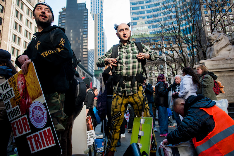 Leonardo Anguiano, one of the organizers of Saturday's protest march, got ready to march Downtown from the Public Library on 42nd St., where the marchers met.