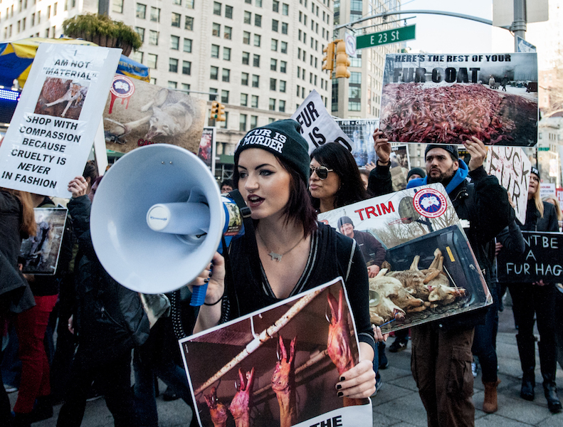 Animal-rights protesters on an anti-fur march in February that stopped outside Paragon sporting goods before ending with a silent vigil outside the Soho Canada Goose store. Photo by Rebecca White