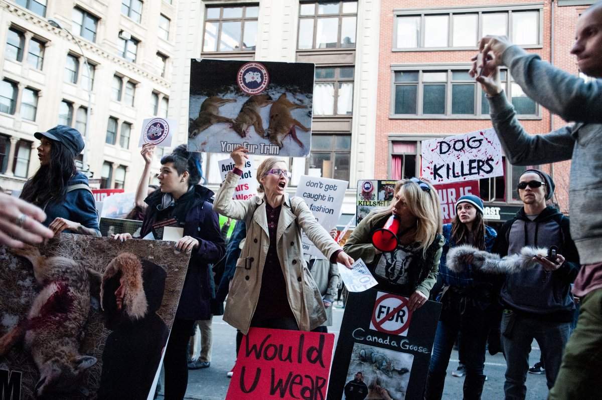 Protesters outside Paragon sporting-goods store, at 18th St. and Broadway, on Sat., Feb. 18. While the Canada Goose store in Soho is ground zero for the protesters, Paragon also carries the embattled brand. Photo by Rebecca White