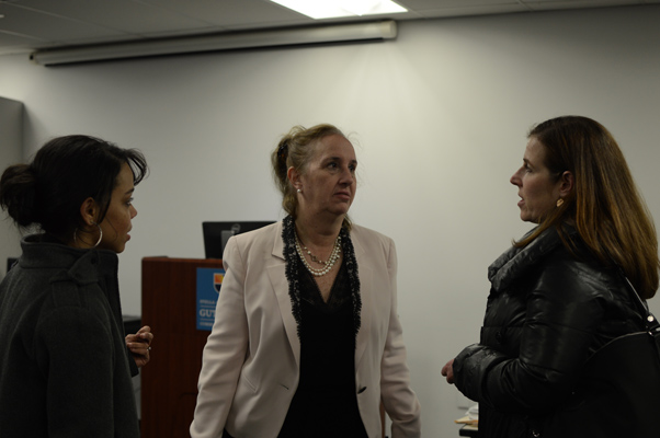 After the Manhattan Borough Board meeting on the Midtown East rezoning plan, Borough President Gale Brewer (center) chats with the Regional Plan Association’s Pierina Sanchez (left) and the New York Landmarks Conservancy’s Andrea Goldwyn. | JACKSON CHEN