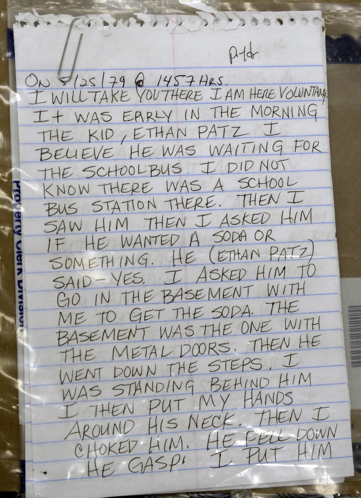 A confession written by Pedro Hernandez that was entered into evidence in court. Courtesy Manhattan D.A.’s Office