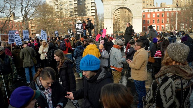 Thousands gather for an immigrant rally at Washington Square Park on Saturday, Feb. 11, 2017. The rally was held to challenge the criminalization of immigrants under the NYPD's current Broken Windows policy, before it worsens under President Trump's far-right administration.