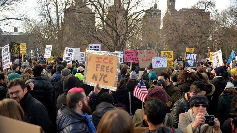 Thousands rally for immigrant rights at Washington Square Park on Saturday, Feb. 11, 2017. The rally was held to challenge the criminalization of immigrants under the NYPD's current Broken Windows policy, before it worsens under President Trump's far-right administration.