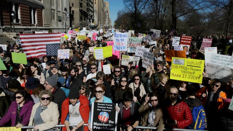 The Not My Presidents Day rally was held at Columbus Circle on Feb. 20, 2017. 
