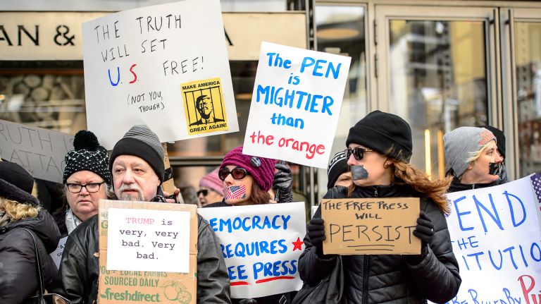 The New York Times' headquarters in midtown, Manhattan was the site of a rally in support of the press on Sunday, Feb. 26, 2017.
