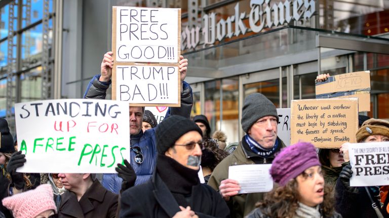 Protesters gather outside the New York Times building in midtown Manhattan for the March for a Free Press on Feb. 26, 2017.