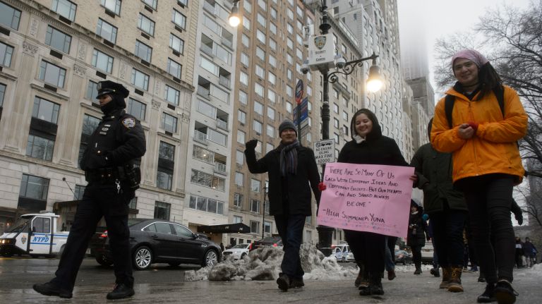 LGBT rally at Trump Tower: Photos of the midtown Manhattan protest 22 Members of the LGBT community and their allies march along 59th Street in Manhattan on Sunday, Feb. 12, 2017. Members of the lesbian, gay, bisexual and transgender community are concerned that gains made during the Obama administration will be rolled back by President Donald Trump.