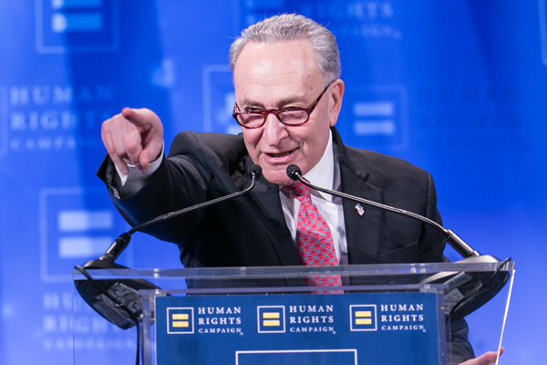 At Packed Waldorf Gala, Streep Rebuts Trump 2 Senator Chuck Schumer warned that Judge Neil Gorsuch is not assured of 60 votes to block a filibuster against his nomination to the US Supreme Court. | JEFFREY HOLMES/ HUMAN RIGHTS CAMPAIGN