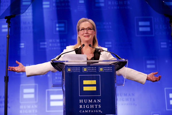 Meryl Streep addressing the Human Rights Campaign gala crowd at the Waldorf on February 11. | DAVID GOODMAN/ HUMAN RIGHTS CAMPAIGN