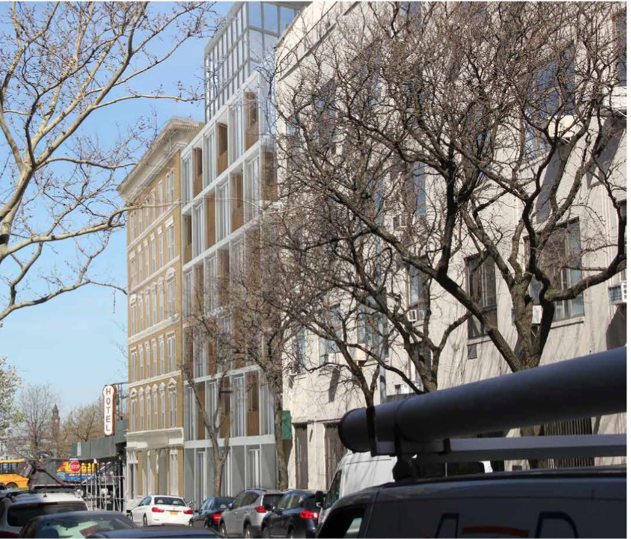 Renderings of the renovated Keller Hotel, with its rooftop addition, at left, and its new, modern-style next-door annex.