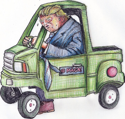 President Trump alleviates the solemn responsibility of leading the free world by “playing trucks.” Illustration by Max Burbank.