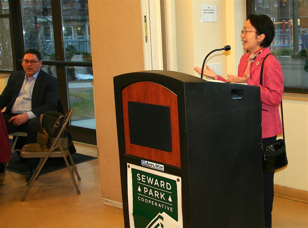 Margaret Chin addressing the Trump Democratic Club at the Seward Park Co-ops before the club endorsed her for re-election.