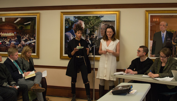 Two local designers, Rosie Turner (left) and Alisa Nicole, voice their concerns to members of CB5 (far right) and the New York City Economic Development Corporation (far left). Photo by Jackson Chen.