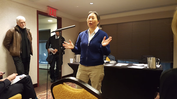 Midtown South Community Council to Curb Sidewalk Clutter 1 Kathy Kahng of CityRax manages a modular news rack program for the Grand Central Partnership. The council is trying to get rid of plastic magazine holders. Photo by Dusica Sue Malesevic.