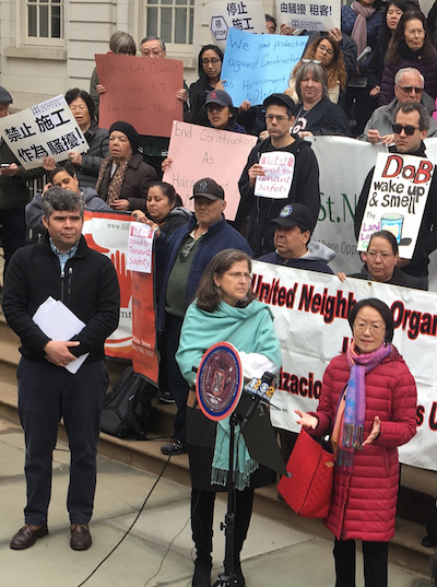 Stand For Tenant Safety: The Specifics 1 Margaret Chin, front row right, and Helen Rosenthal, to her left, were among the councilmembers at a City Hall rally last week calling for speedy passage of the STS package of anti-harassment bills. At left is Rolando Guzmán of Brooklyn’s St. Nick’s Alliance. Photo by Joaquin Cotler.