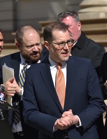 Councilmembers Rory Lancman and Mark Levine at a March 9 City Hall press conference calling for $25 million in security for cultural institutions targeted for hate crimes. | JOHN MCCARTEN/ NEW YORK CITY COUNCIL