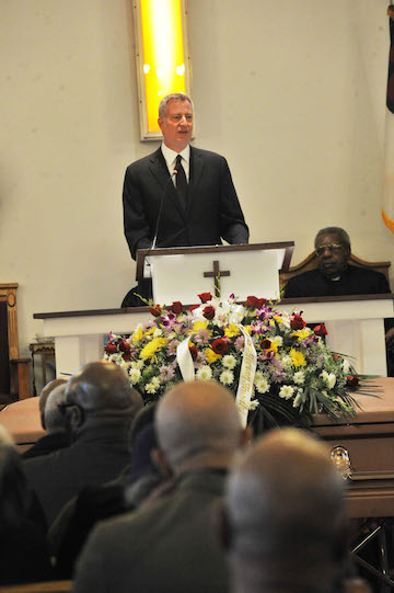 City’s Farewell to Beloved Man Allegedly Targeted for His Race 2 Mayor Bill de Blasio offers a tribute to Timothy Caughman. | NAT VALENTINE