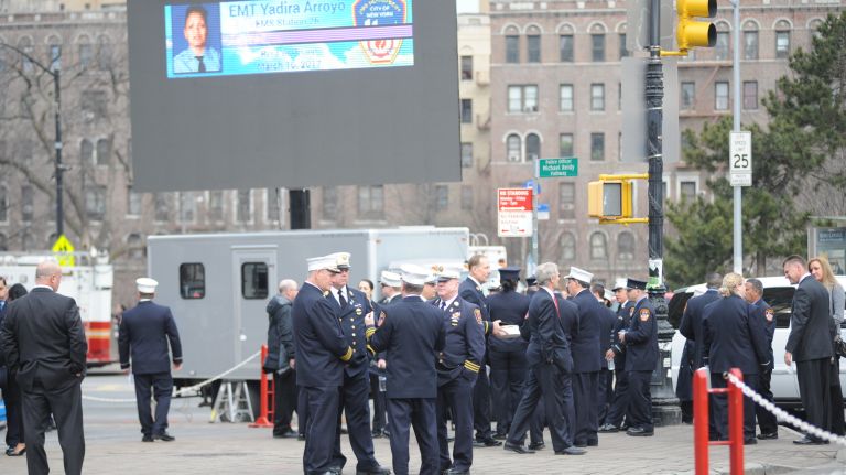 Mourners gather Saturday, March 25, 2017, for the funeral of slain FDNY EMT Yadira Arroyo in St. Nicholas of Tolentine Roman Catholic Church on University Avenue in the Bronx.
