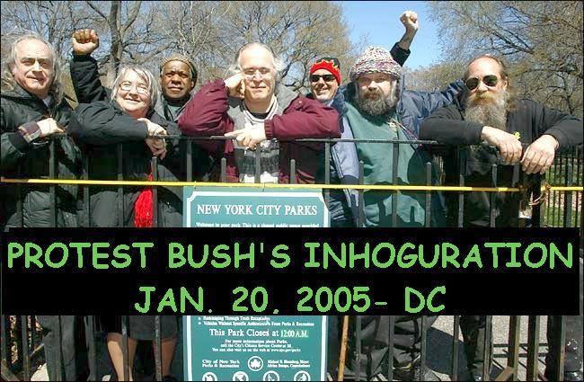 Lynne Stewart and her husband, Ralph Pinter, second and third from left, in Tompkins Square Park in 2004 with fellow activists during the organizing for protests at the upcoming Republican National Convention in New York City. Photo by John Penley