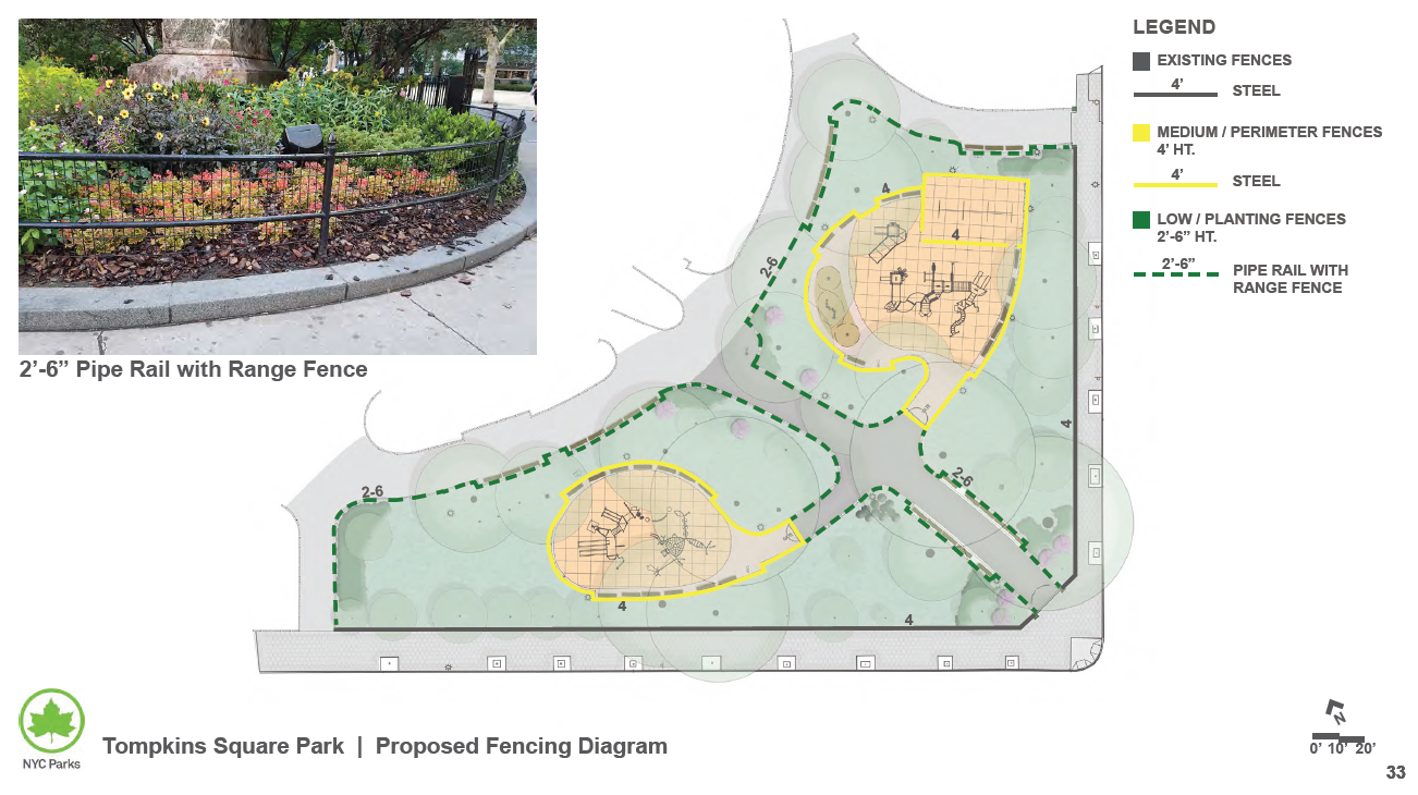 A design rendering by the Parks Department showing its proposed plans for the fences around the Tompkins Square playgrounds by Avenue B.  Courtesy NYC Parks Dept.