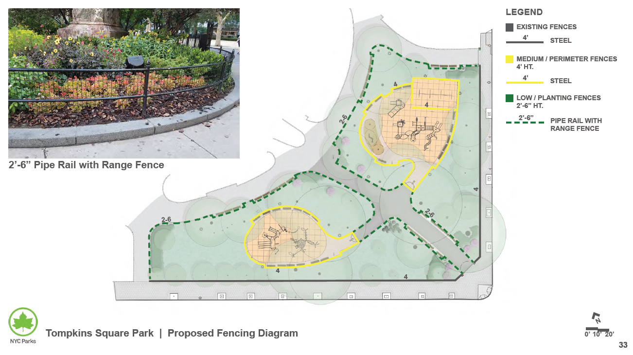 High anxiety over lower playground fences in Tompkins Square Park 3 A design rendering by the Parks Department showing its proposed plans for the fences around the Tompkins Square playgrounds by Avenue B. Courtesy NYC Parks Dept.