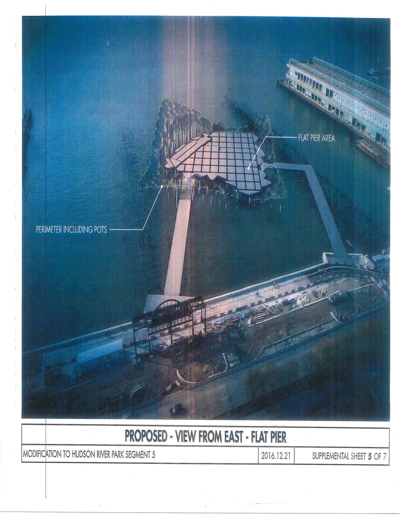 A rendering showing a redesigned Pier55 with a flat deck. The undulating landscaping above it would then be created with some sort of filler beneath the plantings. In the earlier design, the concrete deck itself was undulating, which would have proven far too expensive too build.