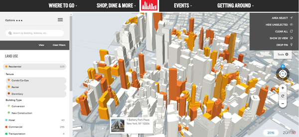 Downtown in 3-D 1 Downtown Alliance The Alliance's LM3D interactive map lets you view, for example, residential buildings differentiated between condos and rentals.