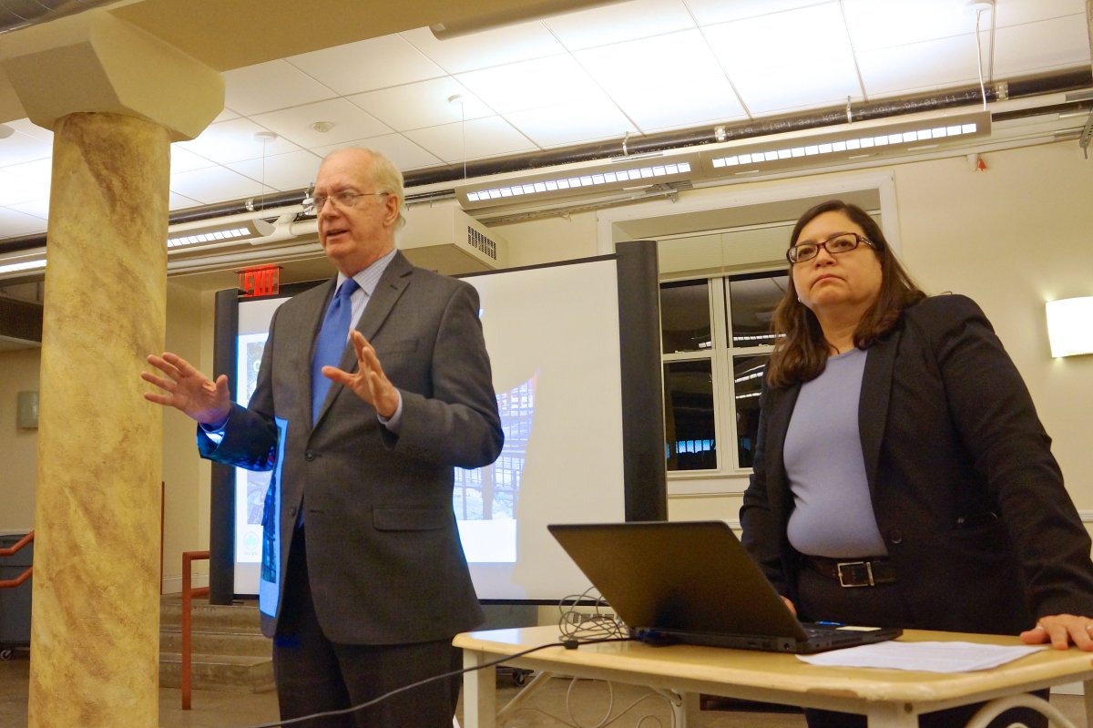 Bill Castro, the Parks Department’s Manhattan borough commissioner, outlined the Parks Without Borders concept as City Councilmember Rosie Mendez listened at Monday’s meeting on the city’s plan to lower Tompkins Square Park’s playground fences. Photos by Sarah Ferguson