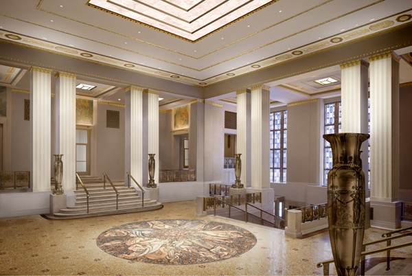 A rendering of the Park Avenue foyer at the Waldorf. SKIDMORE, OWINGS & MERRILL LLP RENDERING BY METHANOIA INC.