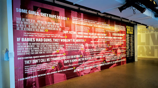A mural exploring politicians’ quotes about women and their bodies will be on display at New York Live Arts' lobby until early September. Photo by Dusica Sue Malesevic.
