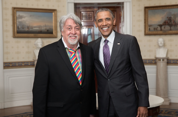 Rainbow Flag Creator Leaves Legacy of Pride 2 Gilbert Baker with President Barack Obama at the 2016 White House Pride Celebration. Photo courtesy Jay Blotcher.