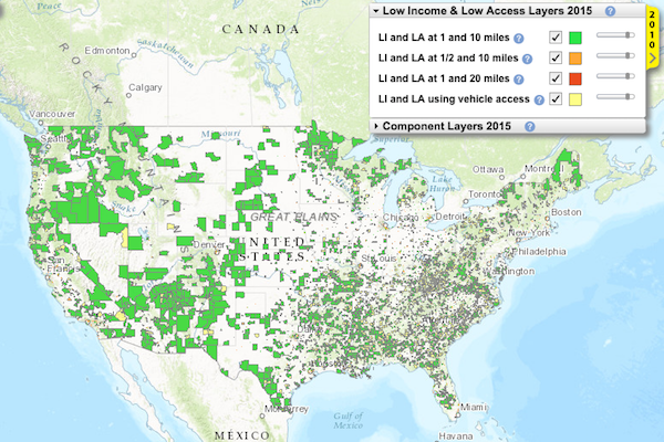 An interactive map on the USDA’s website shows the locations of all areas designated as food deserts. Image via usda.gov.