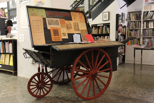 Richard Tyler’s street pushcart, from which he would sell his hand-printed Uranian Press treatises — such as “The Schizophrenic Bomb,” about nuclear war and LSD — as well as calendars, among other things. Photo by Dennis Lynch.