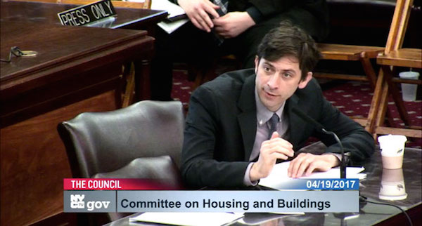 Brooklyn’s Councilmember Stephen Levin, co-sponsor of Intro. No. 1523 and lead sponsor of Intro. No. 934, grilled DOB and HPD reps on their effectiveness in enforcement of existing policies. Screen grab image via council.nyc.gov/live.