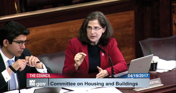 Councilmember Helen Rosenthal speaks at the Wed., April 19 Council Housing and Buildings Committee hearing in defense of her Intro. No. 1523. Screen grab image via council.nyc.gov/live.