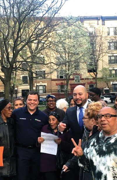 New York State Assemblymember Luis Sepúlveda (left) and City Councilmember Rafael Salamanca (right) at a rally for tenants’ rights at Honeywell Apartments in the Bronx. Photo via Twitter.
