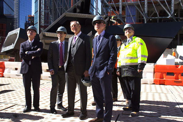 Related Companies Chairman Stephen Ross (third from left) and project executives look upon what will be the Hudson Yards Public Square and Gardens. Among the features will be Vessel, whose construction began on April 18. Photo by Bianca Silva. 