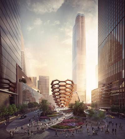 A Sept. 2016 rendering (Vessel at center) depicts the public square and gardens, looking south from W. 33 St. Image courtesy Forbes Massie-Heatherwick Studio. 