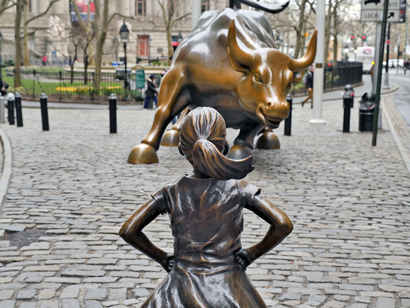 Photo by Milo Hess The sculpture, called “The Fearless Girl,” by artist Kristen Visbal was placed at the northern tip of Bowling Green facing down the iconic “Charging Bull” late Tuesday, on the eve of International Women’s Day, as part of a campaign by finance company State Street Corporation to promote women in leadership in the financial sector. 