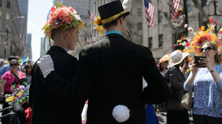 Participants and spectators stroll along Fifth Avenue during the Easter Parade and Bonnet Festival in Manhattan, Sunday, April 16, 2017. The parade has been an annual tradition in New York City for over 100 years.