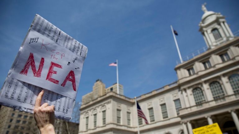 A cheerleading squad for the arts 2 Protesters at City Hall last week demand that President Donald Trump funds the National Endowment for the Arts, Corporation for Public Broadcasting, Institute of Museum and Library Services and National Endowment for the Humanities.