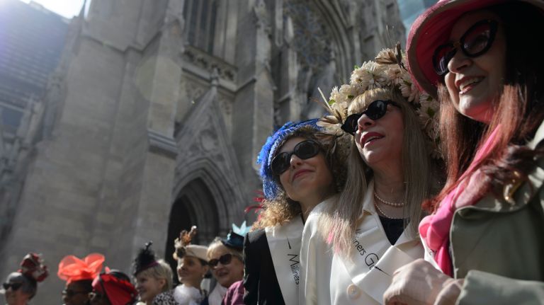 Members of the Milliners Guild pose on Fifth Avenue during the Easter Parade and Bonnet Festival in Manhattan on Sunday, April 16, 2017. 