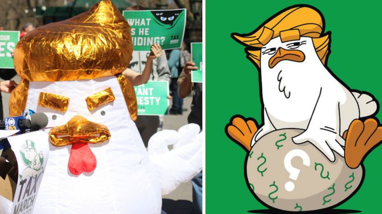 A rooster statue in China that resembles President Donald Trump became a logo for the Tax March on April 15, 2017.