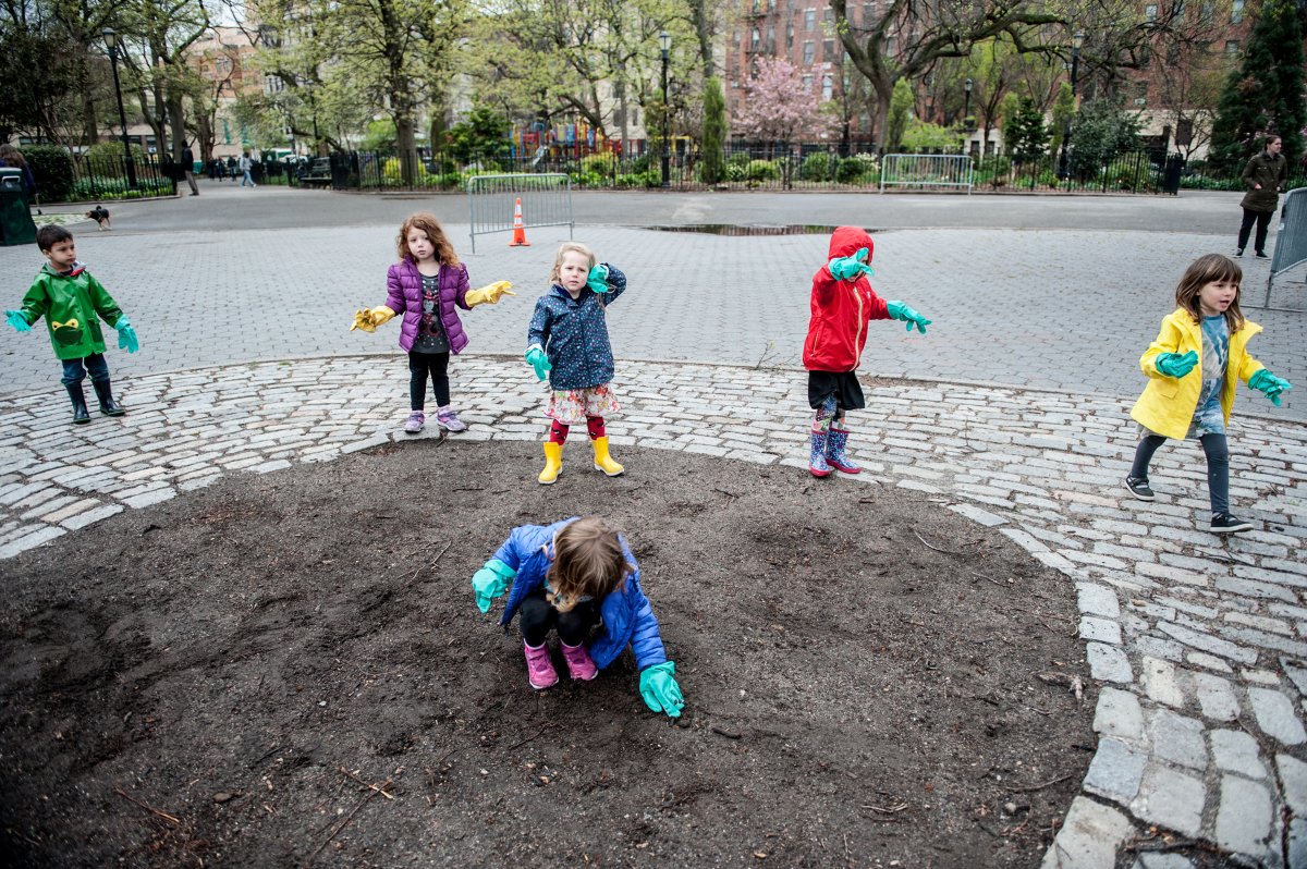 The kids pitched in in Tompkins Square Park, picking up trash.
