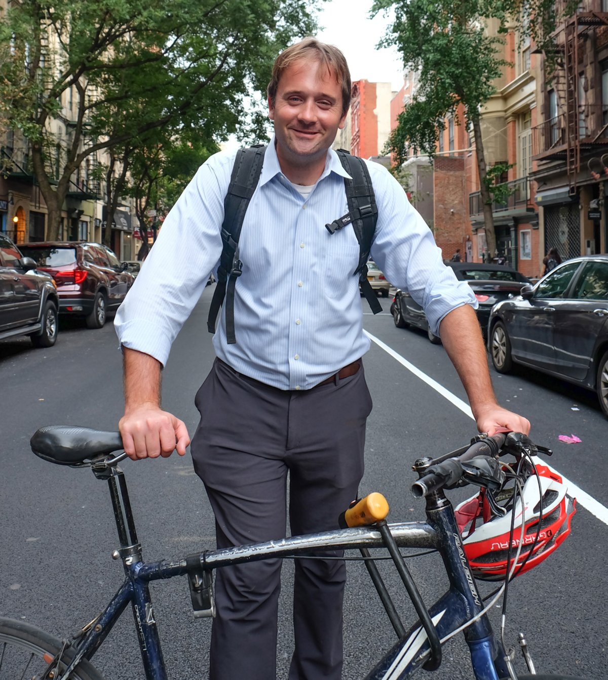 On the move: Jamie Rogers with his bicycle outside the C.B. 3 office on E. Fourth St. Photo by Tequila Minsky
