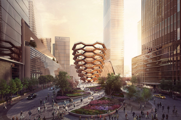 Vessel grabs center stage in this rendering of the Hudson Yards Public Square and Gardens viewed looking south from West 33rd Street. | FORBES MASSIE-HEATHERWICK STUDIO 
