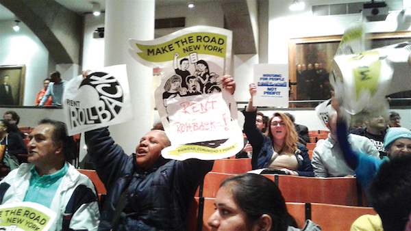 Tenants called for rollback — a rent reduction — at April 25’s Rent Guidelines Board preliminary vote. Photo by Lincoln Anderson.