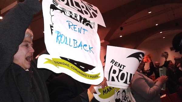 Tenants in the audience sang, changed, catcalled and danced — but the RGB declined to support either a rent freeze or rollback. Photo by Lincoln Anderson.