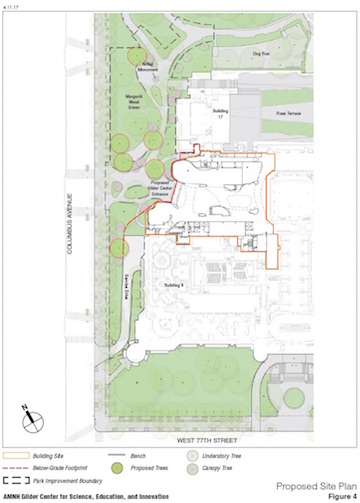 The black dotted line on the diagram indicates portions of the Theodore Roosevelt Park that face alteration as the result of the current plans for the Gilder Center’s construction. | AMERICAN MUSEUM OF NATURAL HISTORY